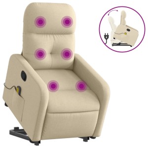 Cremefarbener Massagesessel mit Aufstehhilfe aus Stoff mit Vibrationsmassage.