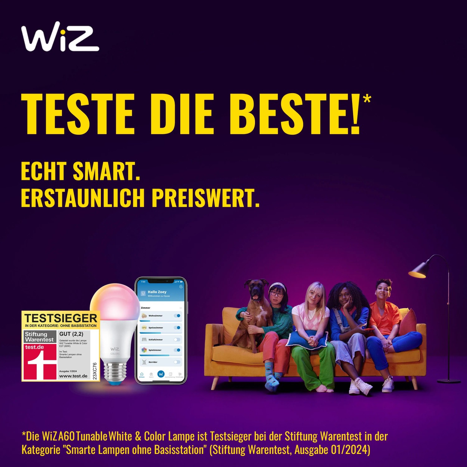 WiZ LED Lampe E27 mit App Steuerung, smarte Glühbirne mit Farbwechsel und Dimmfunktion.