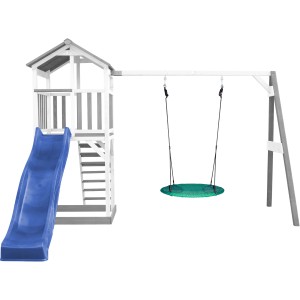Axi Beach Tower Spielturm mit Nestschaukel und blauer Rutsche. Holzspielturm in Grau/Weiß mit Leiter und Schaukel.