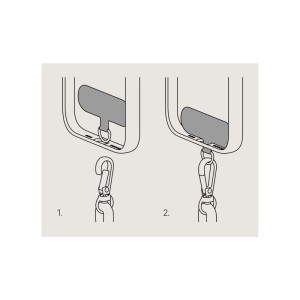 Illustration: Befestigung des Black Rock Handgelenkband-Lanyards am Smartphone. Zeigt Karabiner und Adapterlasche in zwei Schritten.