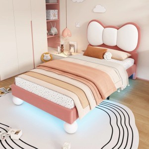 PXloue Kinderbett 90x200 Polsterbett mit LED Fliege-Kopfteil Samt Beige-Rosa