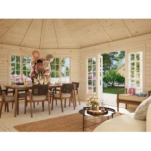 Innenansicht: Palmako Holz-Pavillon Hanna, braun, mit Möbeln und Dekoration.