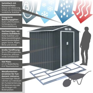 Graues Hattoro S100 Metall Gerätehaus XL mit Satteldach, Doppelschiebetüren und Fundamentrahmen für den Garten.