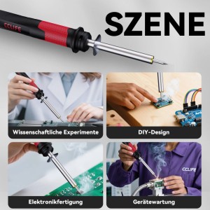CCLIFE Lötstation mit rotem Griff, im Einsatz für Elektronik, DIY und Reparatur. Präzises Löten bis 500°C mit Zubehör.