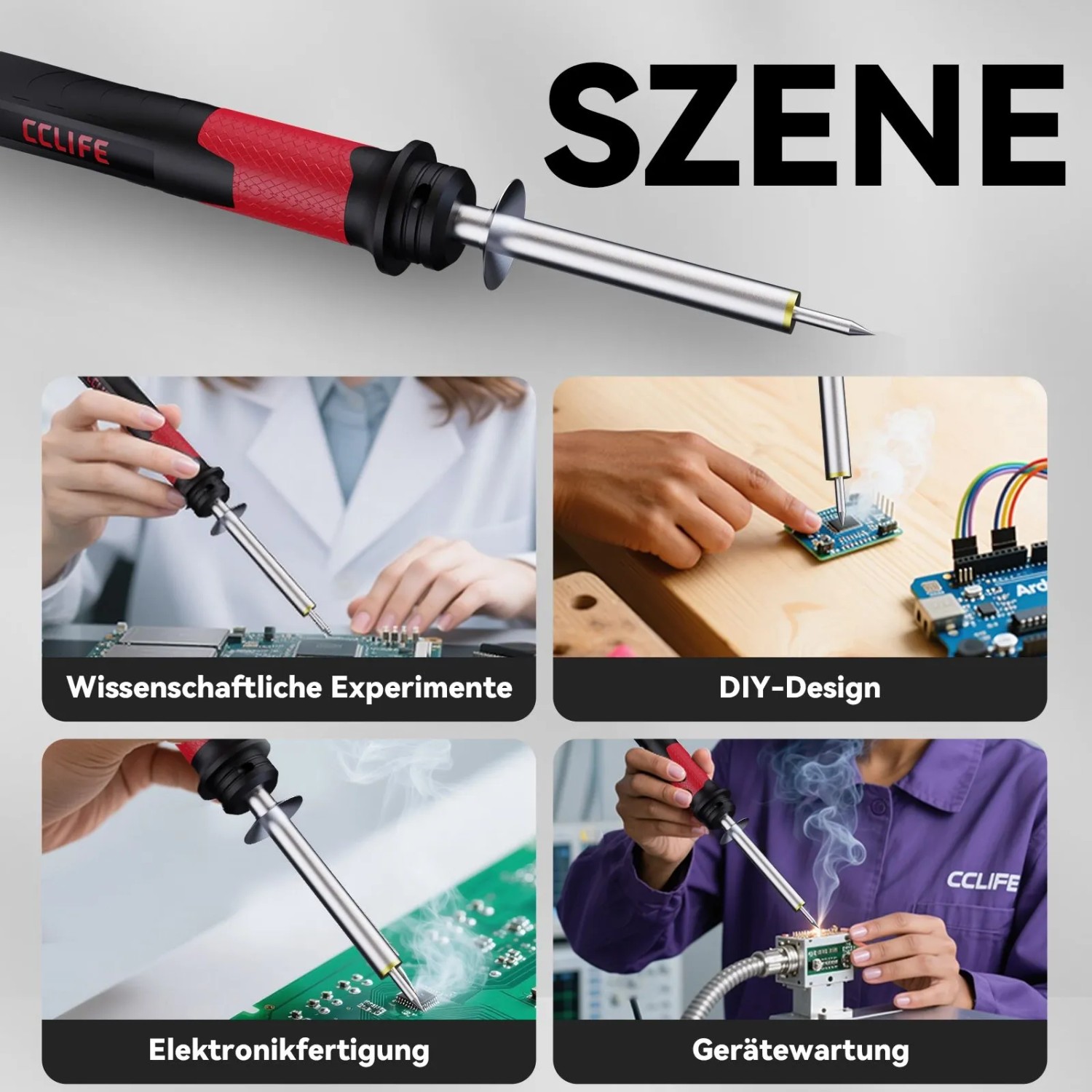 CCLIFE Lötstation mit rotem Griff, im Einsatz für Elektronik, DIY und Reparatur. Präzises Löten bis 500°C mit Zubehör.