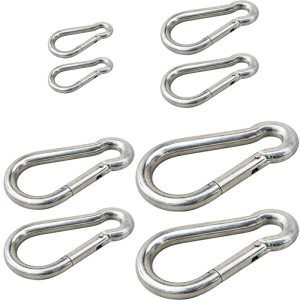 Acht verzinkte Karabinerhaken in vier Größen mit Schnappverschluss. Ideal für Befestigungen, DIN 5299C.