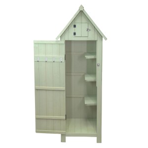 Offener, grüner Monstershop Gartenschrank aus Holz mit Regalen und Haken.