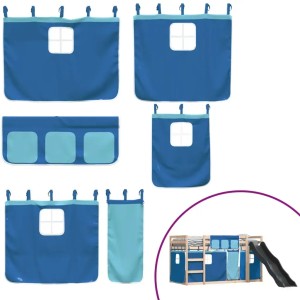 vidaXL Etagenbett mit Rutsche und blauen Gardinen, 90x200 cm. Kinderbett mit Vorhängen.