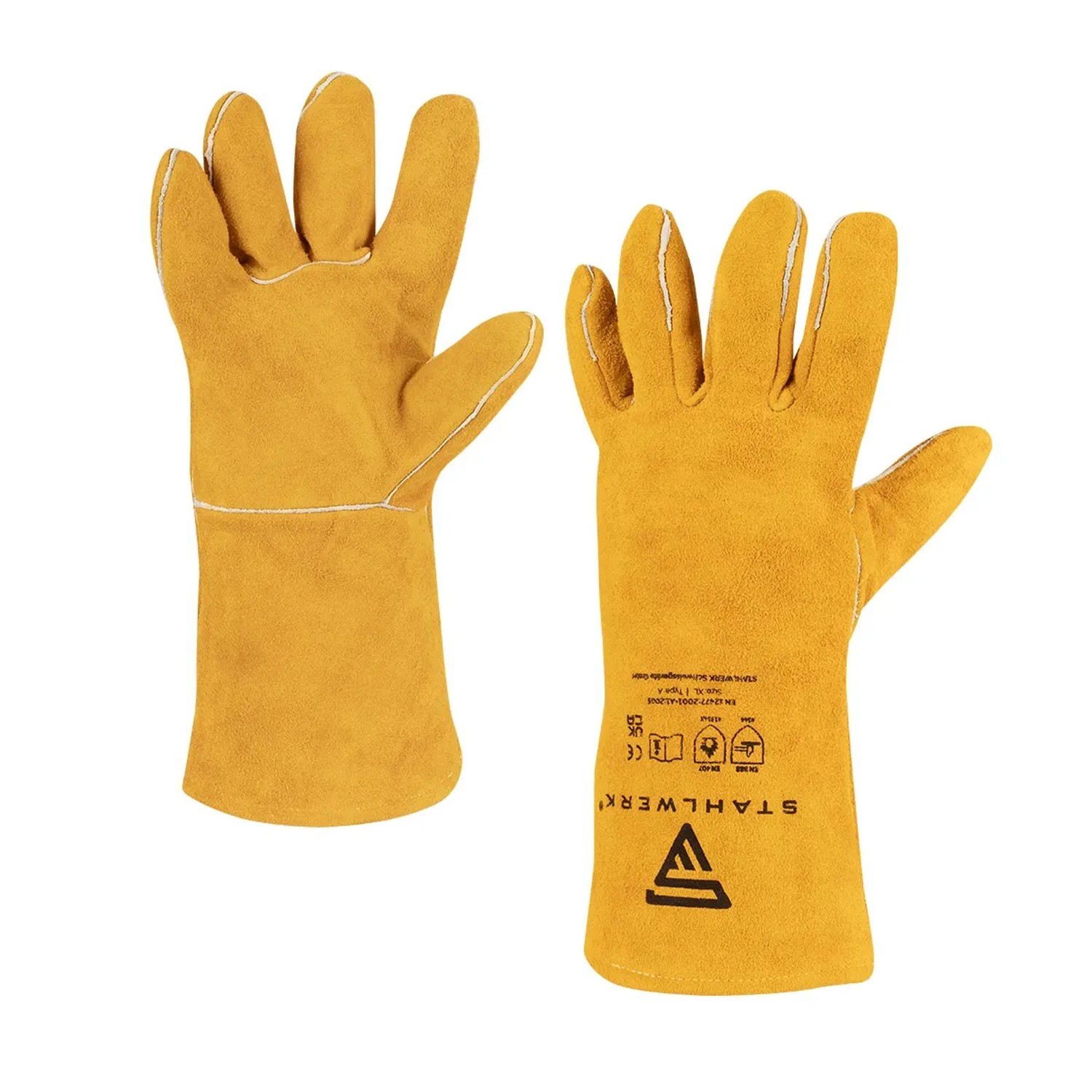 STAHLWERK Schweißerhandschuhe aus Leder, gelb/orange, zum Schutz beim Schweißen.