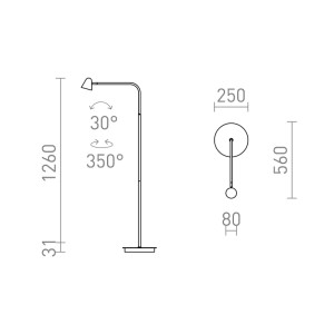 Technische Zeichnung der Rendl STIG LED-Stehleuchte in Schwarz mit Maßen und verstellbarem Kopf (30°/350°).