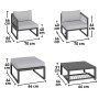 4-teiliges Lounge-Set Willa aus Aluminium in Anthrazit mit Maßen der Einzelteile.