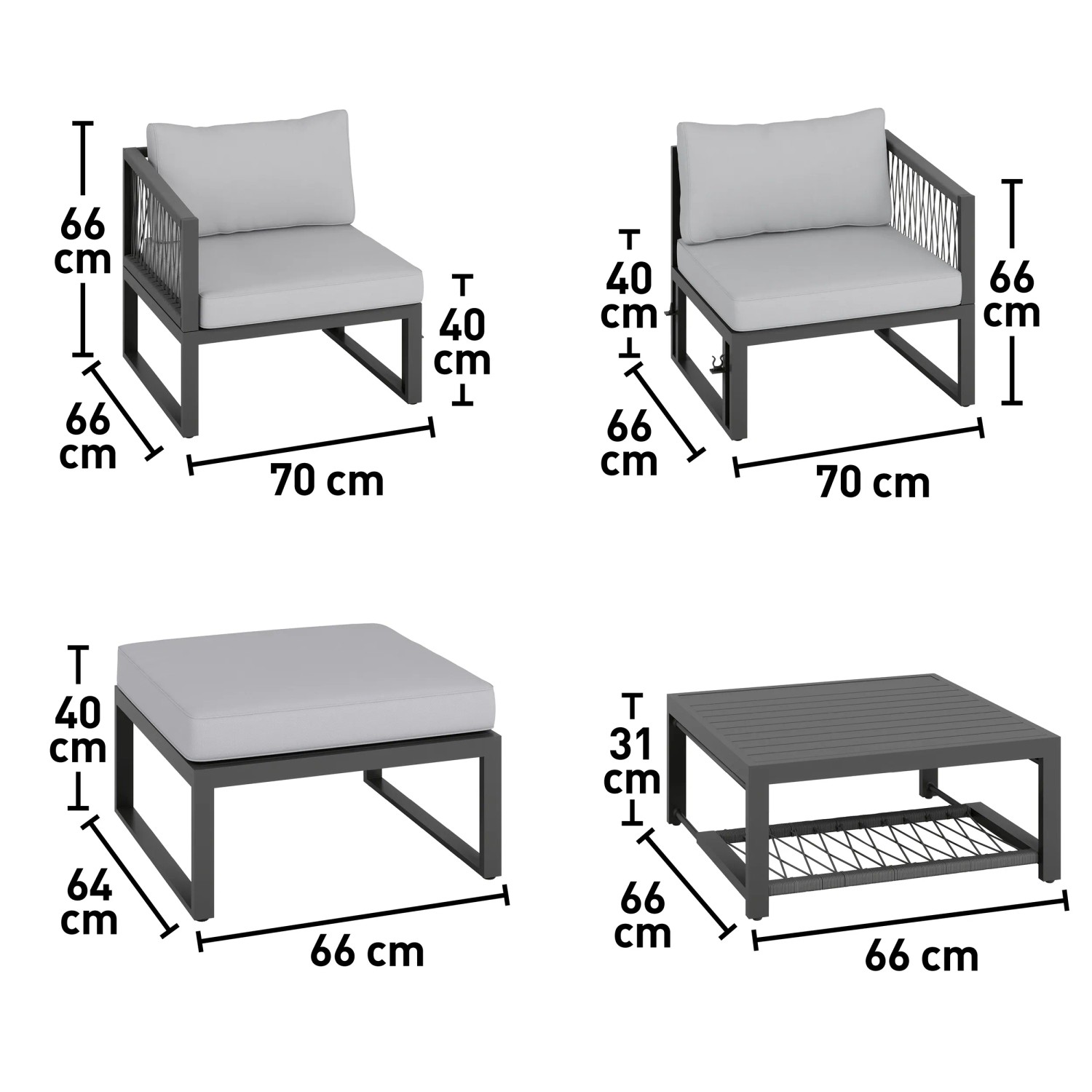 4-teiliges Lounge-Set Willa aus Aluminium in Anthrazit mit Maßen der Einzelteile.