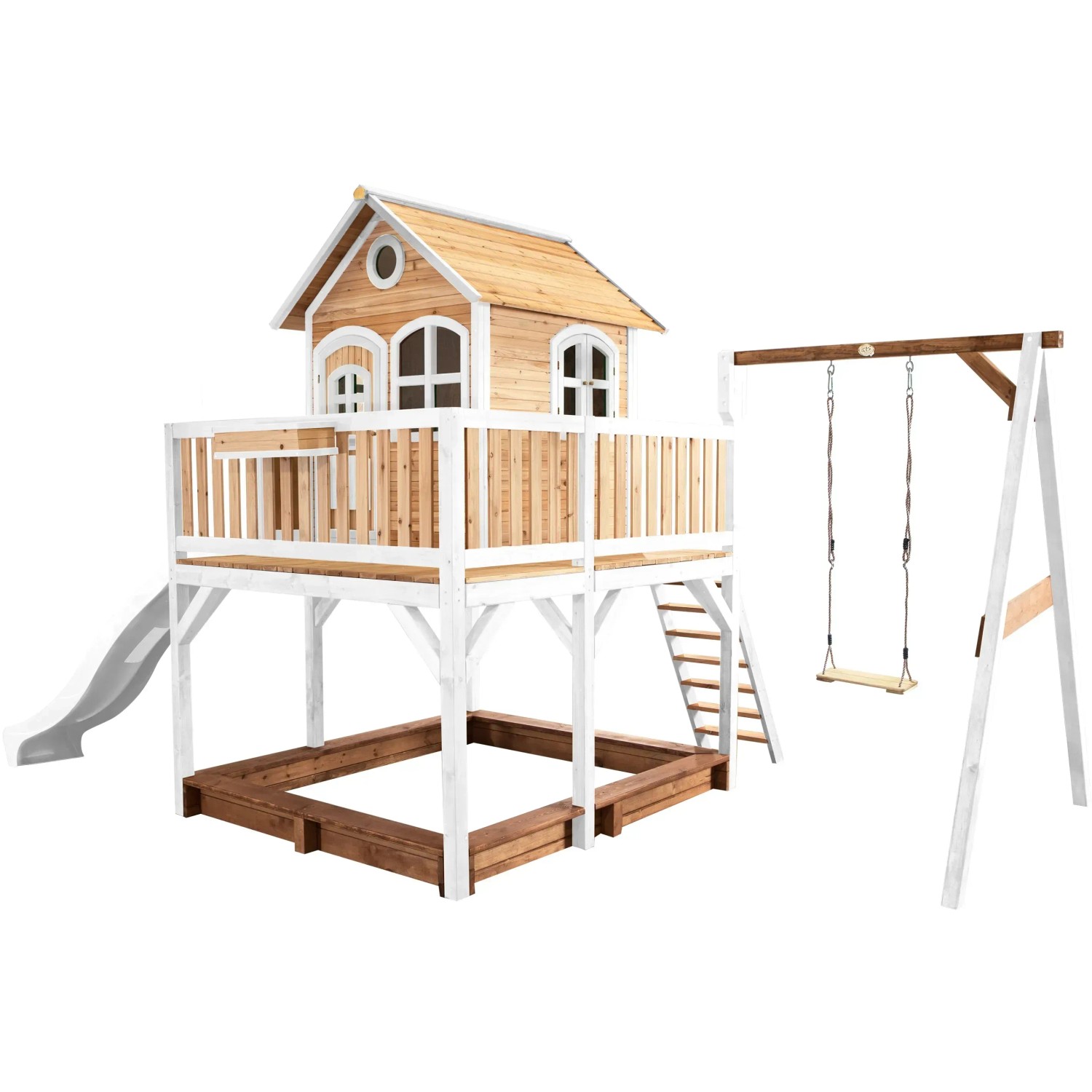 Axi Liam Spielhaus mit Schaukel, Rutsche und Sandkasten aus Holz in Braun und Weiß.