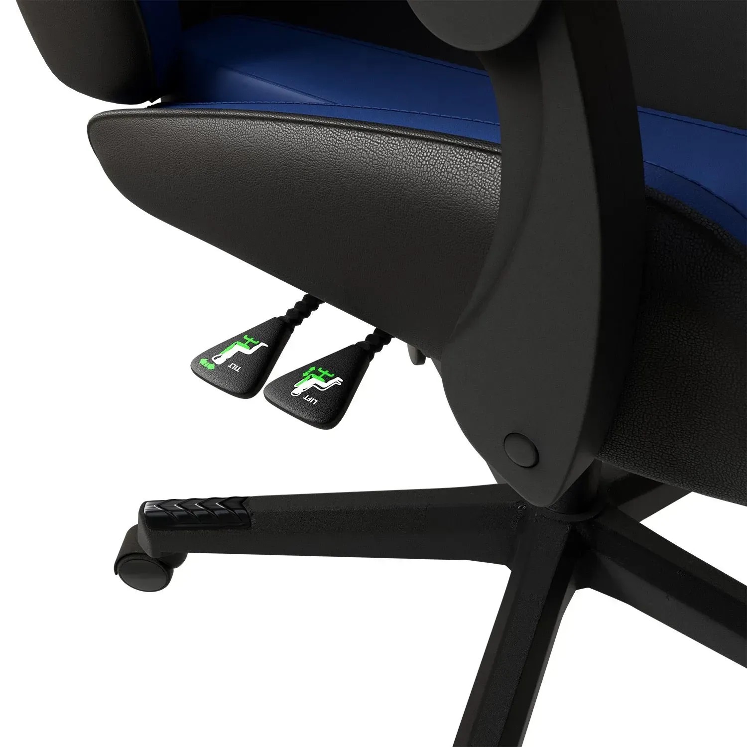 Detailansicht: Schwarzer/blauer Juskys Gamingstuhl HyperSeat mit Verstellhebeln.