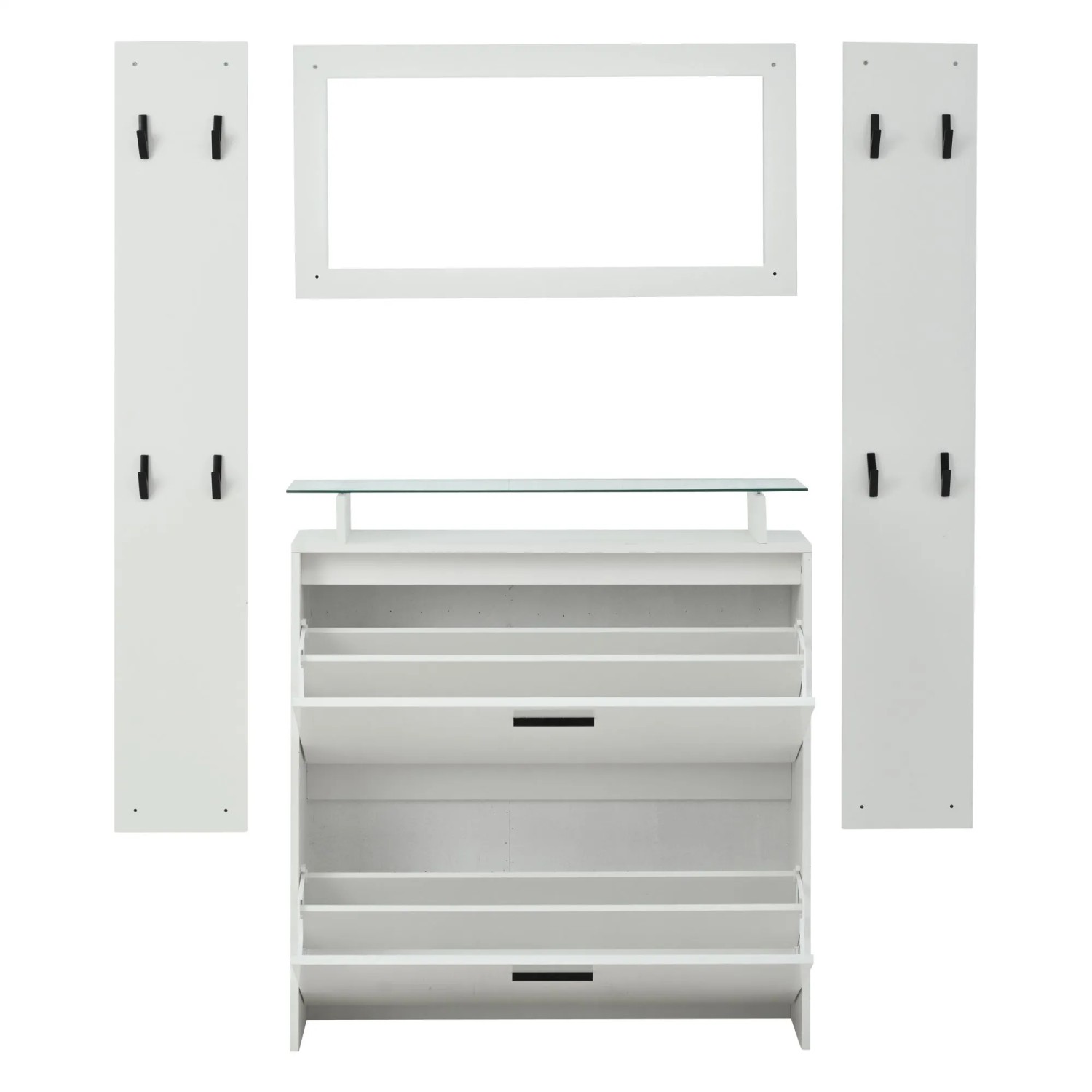 ModernLuxe Garderoben Set 4 Teilig mit Spiegel 2 Hutablagen 8 Haken Spanplatte Weiß