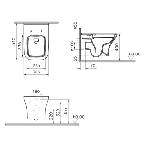 Technische Zeichnung Wand-WC pianura Andrea, spülrandlos, Abmessungen und Details.