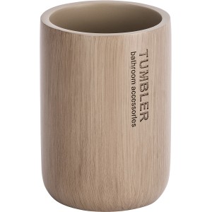 Wenko Palo Zahnputzbecher Taupe aus Polyresin mit Bambus-Optik und Schriftzug.