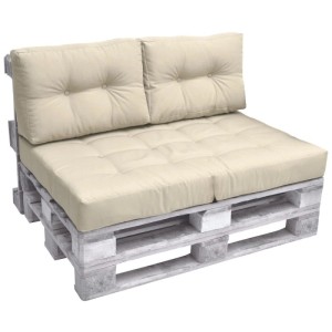Beige Beautissu Palettenkissen Set (Sitz & Rücken) auf Europaletten. Komfortable Auflagen für Garten & Indoor.