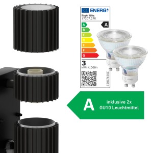 Schwarze Oktaplex Para Außenlampe mit Bewegungsmelder und 2 GU10 Leuchtmitteln, warmweiß.