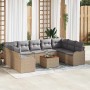 Beige-hellgraues 10-tlg. Garten-Sofa-Set aus Rattan mit Tisch und Polysterbezug.