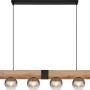 Moderne 6-flammige Pendelleuchte Moitas, schwarz matt mit Rauchglas-Schirmen und Holzbalken.