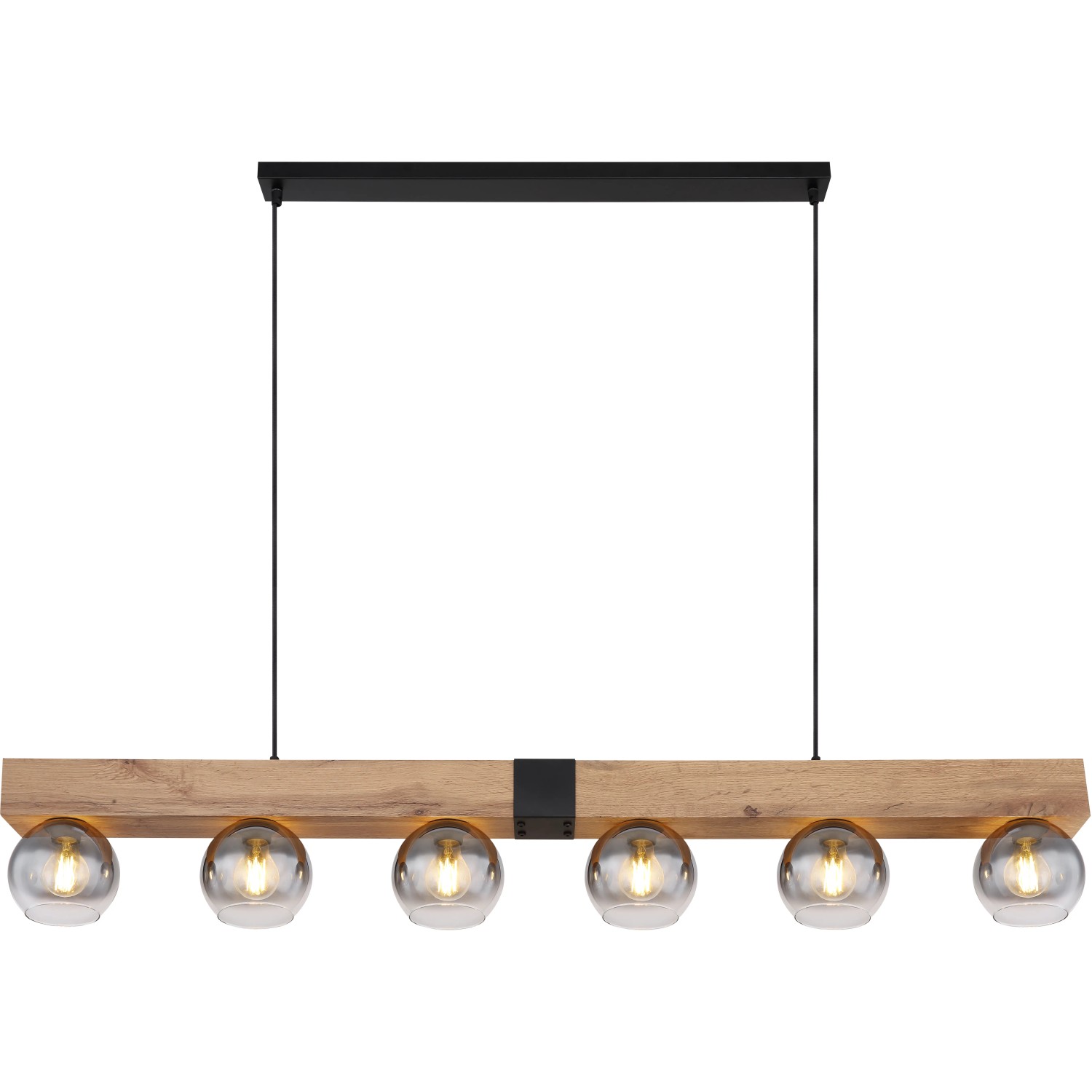 Moderne 6-flammige Pendelleuchte Moitas, schwarz matt mit Rauchglas-Schirmen und Holzbalken.
