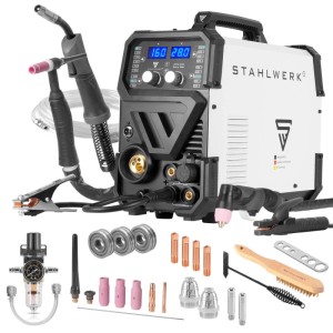 STAHLWERK Kombi Schweißgerät CTM-416 PULS 6-in-1 160 A mit WIG, MIG MAG, MMA, FLUX und Plasmaschneider, Zubehörset.