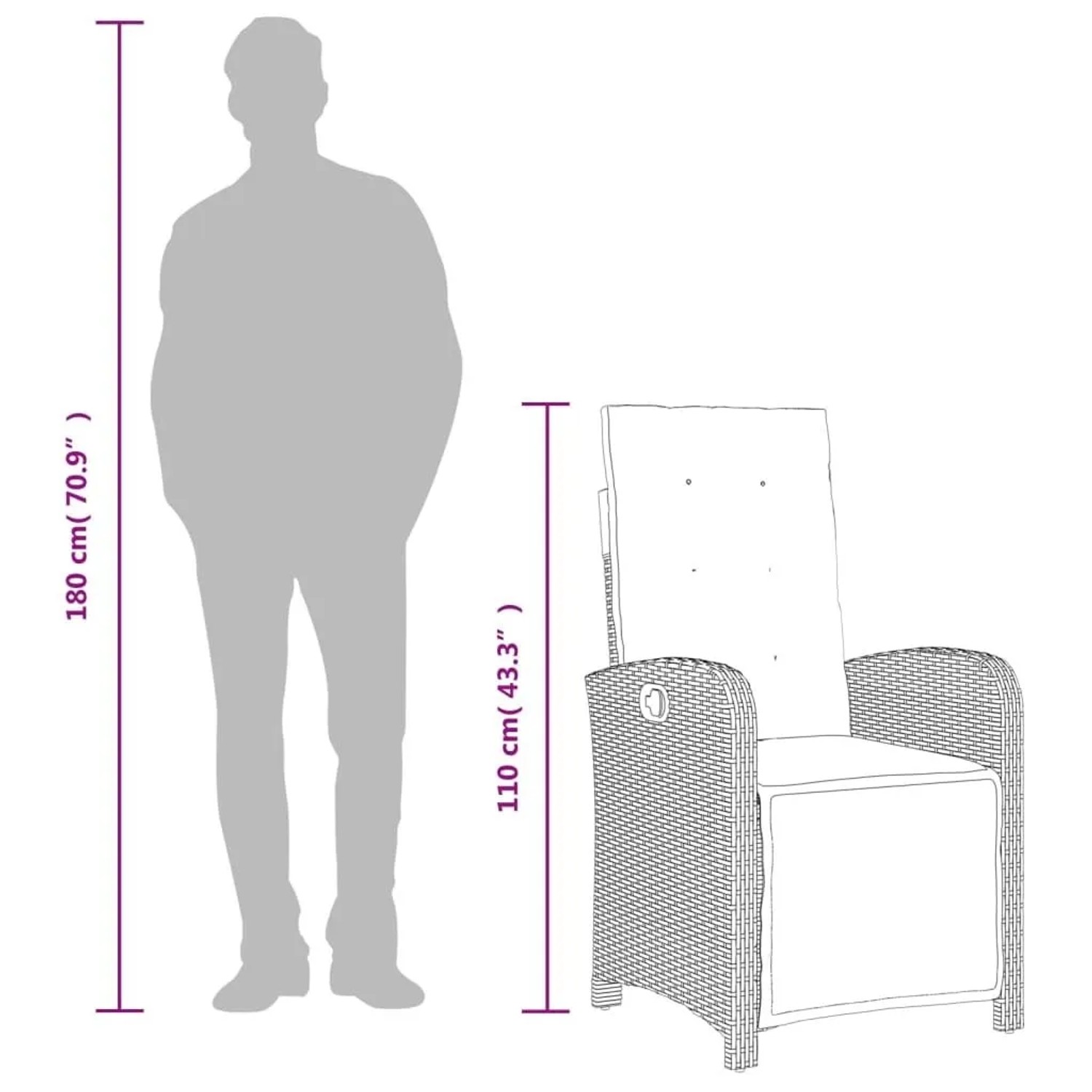 Brauner Poly Rattan Gartensessel mit cremefarbenen Kissen, verstellbar, 110 cm hoch, neben Silhouette zur Größenanzeige.
