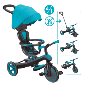 Globber Explorer Trike 4in1 Kinderwagen Dreirad und Laufrad 10/8,5 Zoll TPR-Sitz Höhenverstellbar Türkis