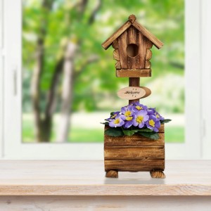 Relaxdays Vogelhäuschen Tannenholz Natur Mit Blumentopf 41 cm x 15 cm x 15 cm