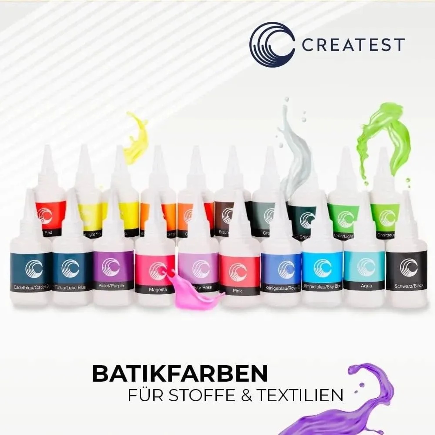 CREATEST Batikfarben-Set mit 20 Textilfarben in Flaschen für DIY-Projekte.