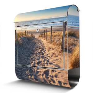 Banjado Edelstahl Briefkasten mit Nordseestrand Motiv und Zeitungsfach.