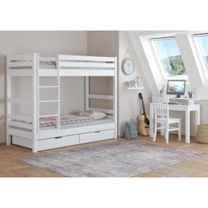 Weißes Etagenbett aus Buche mit zwei Bettkästen für zusätzlichen Stauraum im Kinderzimmer.