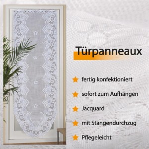 Weißes Bestlivings Türpanneau mit Blumenstickerei und Vitragestange, 180x60 cm.