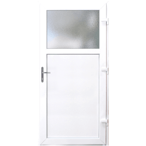Weiße Kunststoff Nebeneingangstür Panto K 504 mit Fenster, 98x198 cm, Rechtsanschlag.