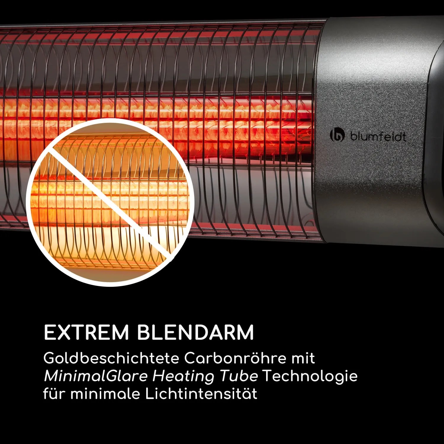 Detailaufnahme: Blumfeldt Dark Wave Infrarot-Heizstrahler mit blendarmem Carbon-Heizelement.