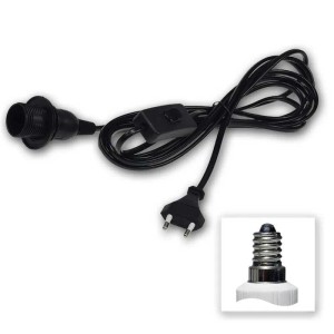 Schwarzes Netzkabel mit E14 Fassung, integriertem Schalter und Eurostecker für Lampen und Leuchten.
