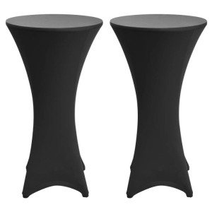 Zwei schwarze, elastische Beautissu Stella Stehtischhussen (Ø 80 cm) für festliche Anlässe, mit verstärkten Füßen.