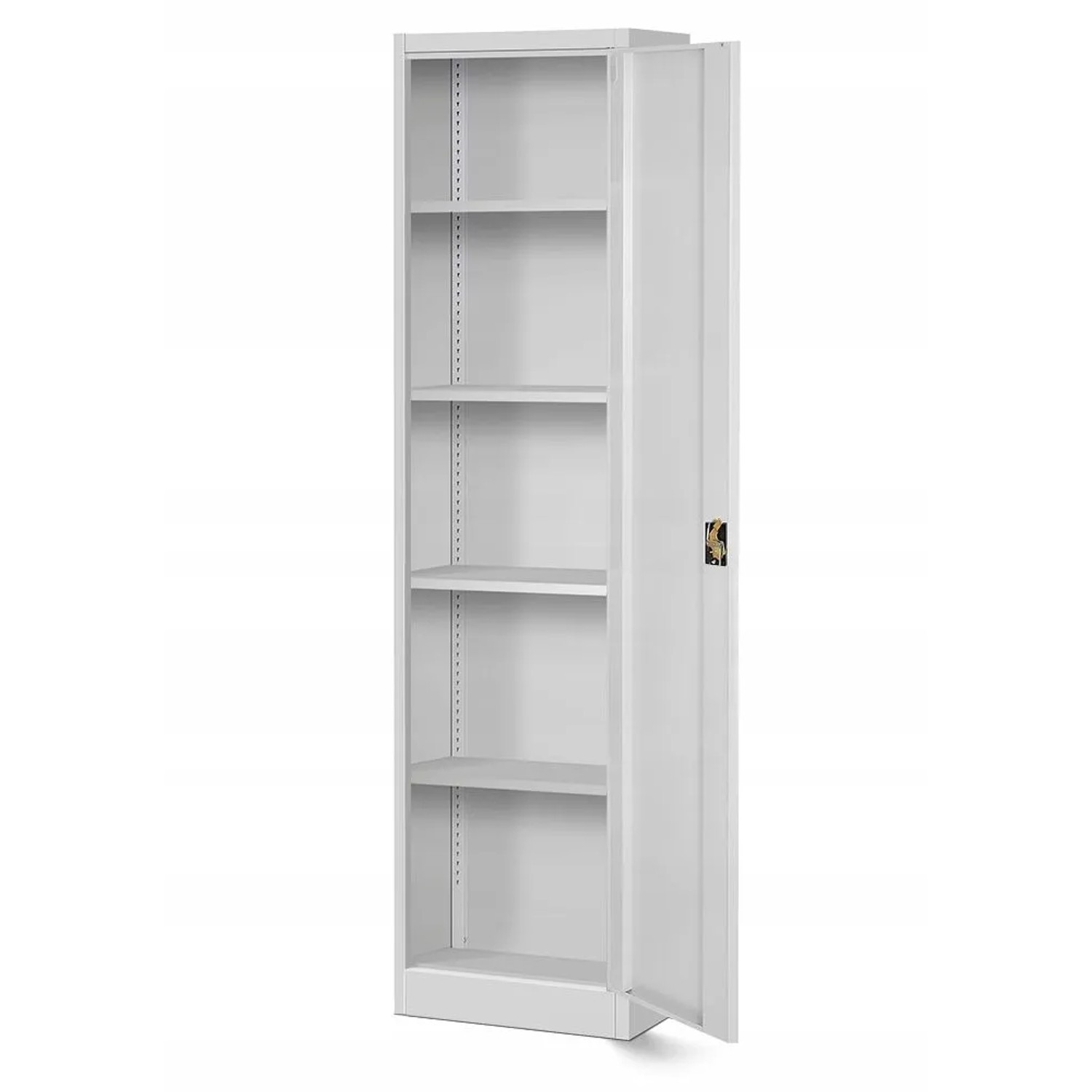 Jan Nowak grauer Aktenschrank ALEX, 185x45x40cm, mit offener Tür und 5 Regalböden.