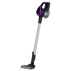 VacniQ Akku-Staubsauger, kabellos, mit silberfarbenem Rohr und violetten Akzenten.