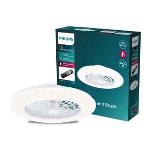 Weißer Philips Deckenventilator mit integrierter LED-Leuchte und Fernbedienung, daneben die Produktverpackung.
