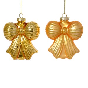 Zwei hellgoldene Glas-Schleifen als Baumschmuck. Glänzend und matt mit Glitzerlinien. Festlicher Weihnachtsbaum-Anhänger.