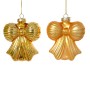 Zwei hellgoldene Glas-Schleifen als Baumschmuck. Glänzend und matt mit Glitzerlinien. Festlicher Weihnachtsbaum-Anhänger.