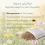LaCaTho Goldmohn Samen: Tüte mit Saatgut auf Blumenwiese. Text listet Vorteile wie Keimgarantie & regionales Qualitätssaatgut.