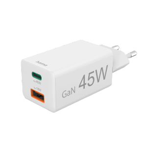Weißes Hama Mini-Ladegerät mit USB-C und USB-A Anschluss, 45W Leistung.