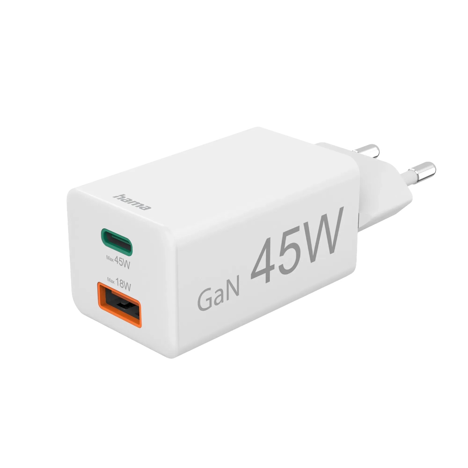 Hama Schnellladegerät Mini-Ladegerät 1 x USB-C 1 x USB-A PD 45 W Weiß