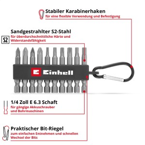 Einhell Bit-Set, 10-teilig mit Karabiner. Werkzeug-Set mit Bits in Halterung und Karabinerhaken.