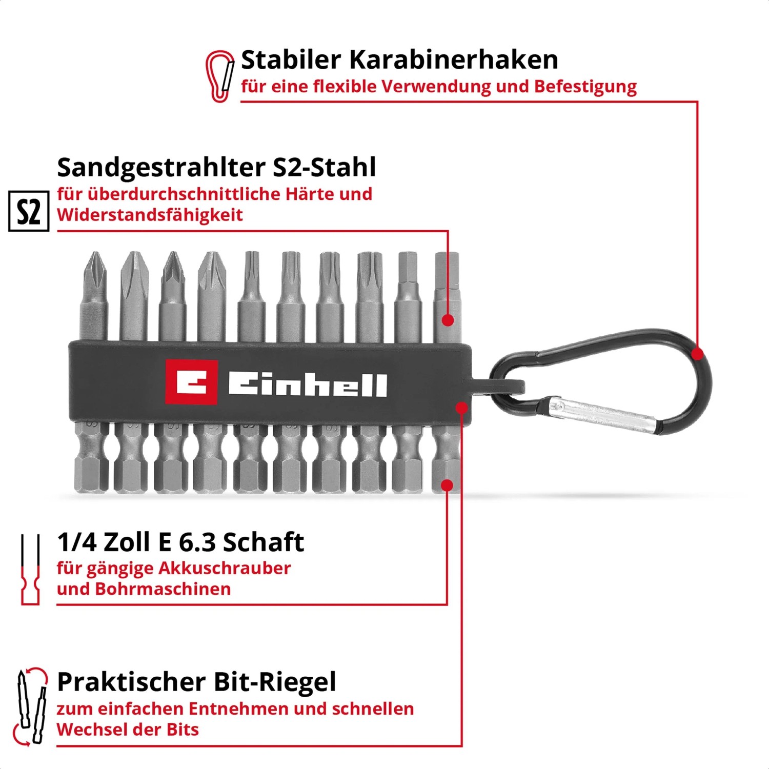 Einhell Bit-Set, 10-teilig mit Karabiner. Werkzeug-Set mit Bits in Halterung und Karabinerhaken.