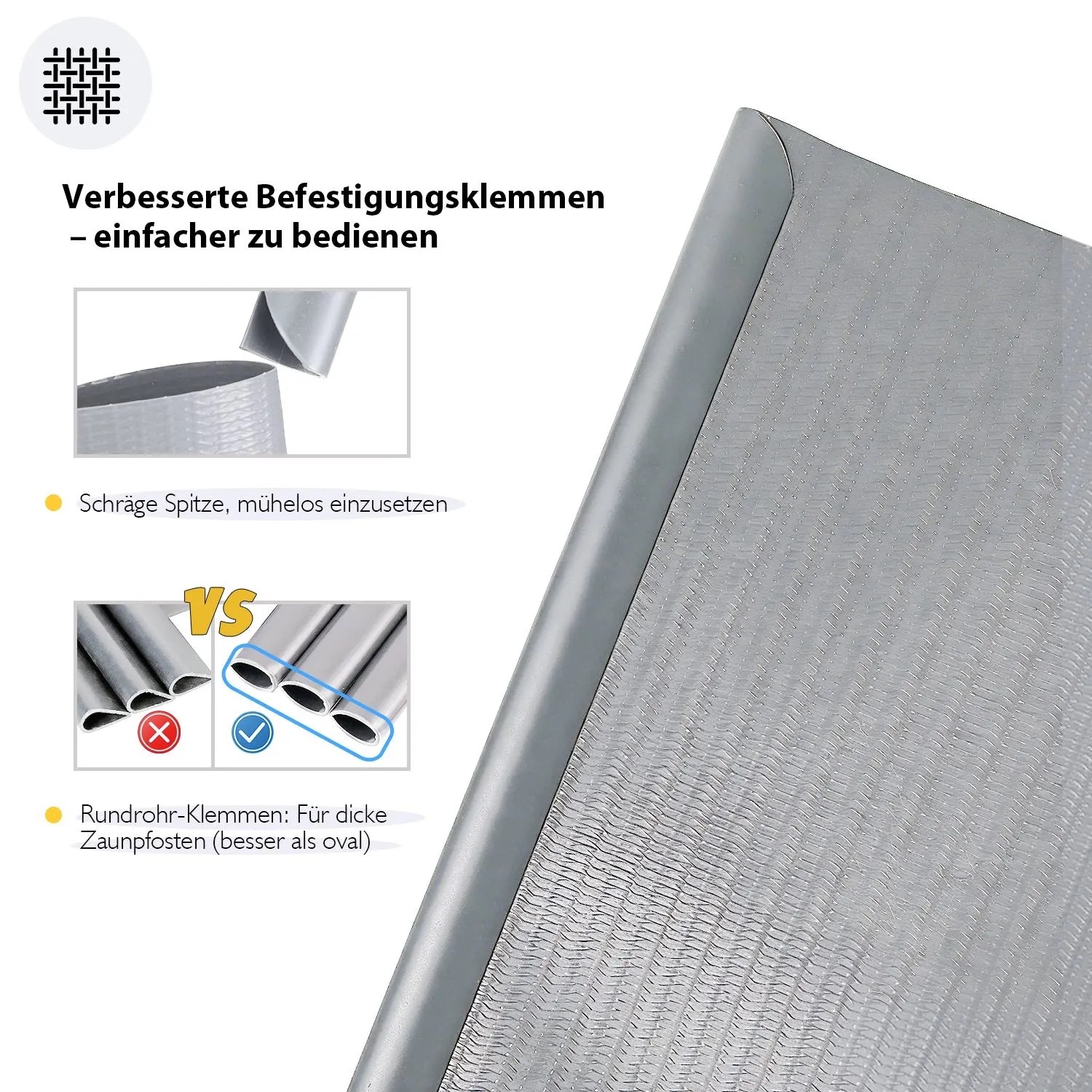 Detailaufnahme: Graue Sekey Sichtschutzstreifen mit Befestigungsklemmen für Doppelstabmatten.