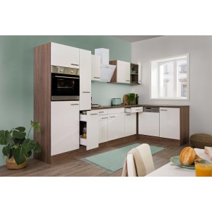 Moderne Respekta Winkelküche in Weiß Seidenglanz mit Eiche York Dekor, inklusive Elektrogeräten.